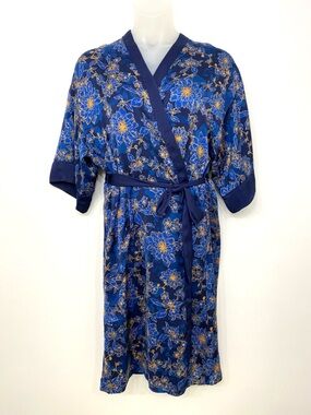 Kenzie Floral Kimono Robe Navy Blue Gold Satin Mid Calf Lounge Robe L/XL